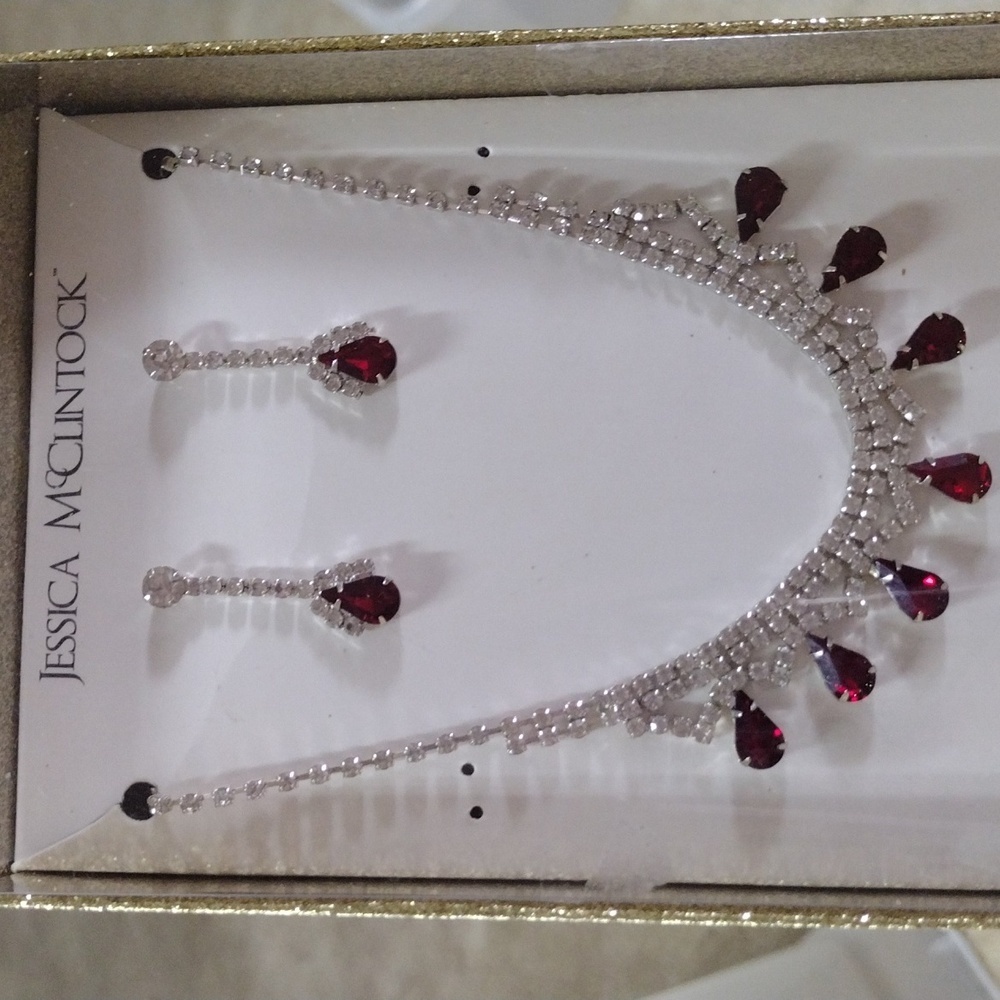 Jessica McClintock Ruby Red and Clear Crystal Necklaceโ & Earrings Set